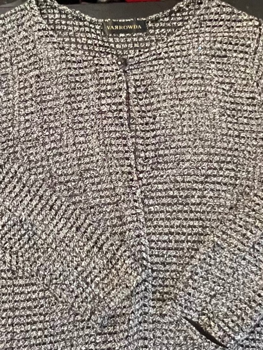 VASROWDA Metallic Open Front Cardigan Black Silver Sequin One-Button Knit